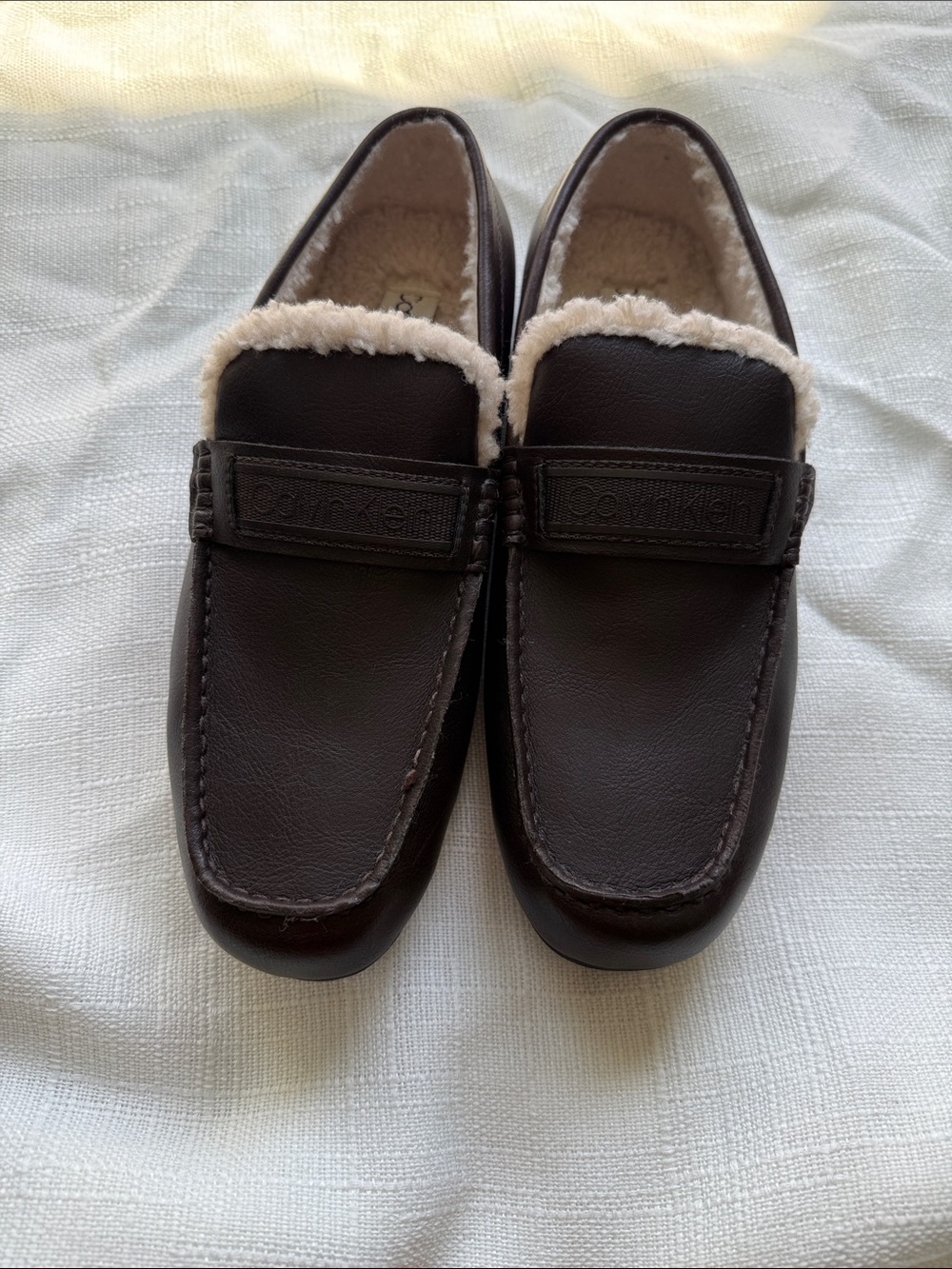 Calvin Klein Brown Leather Slip-On Moccasins with Cream Shearling